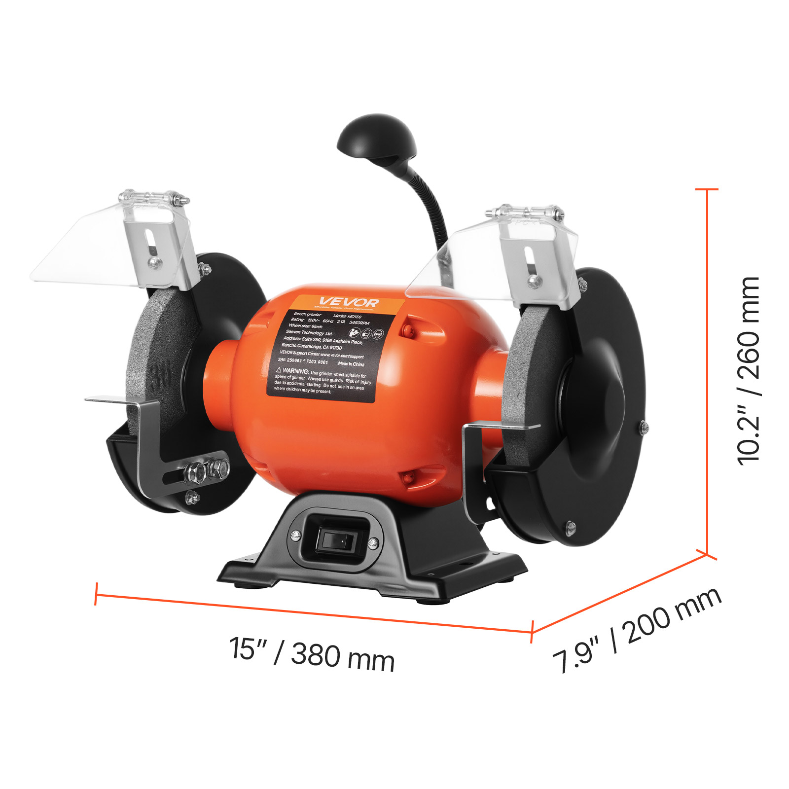VEVOR Bench Grinder, 6-inch Single Speed Bench Grinder, 3450RPM High-Speed Table Grinders with 250W 2.1A Induction Motor, 36/60-Grit Grinding Wheels & LED Work Light for Fast Sharpening Grinding