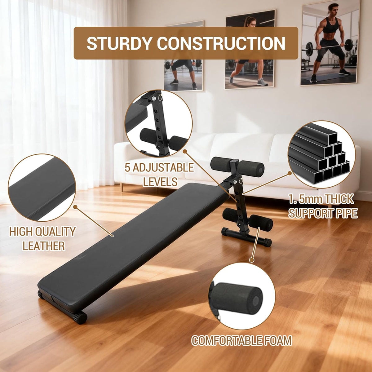 Soonbuy Adjustable Sit Up Bench for Home Gym, Abdominal Workout Bench with Extra Thick Pads, Decline Ab Bench for Core Strength Training, 220 LBS Weight Capacity
