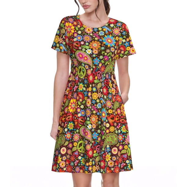 Fotbe Hippie Peace Love Vestido Largo de Moda para Mujer, Vestido Tipo Camiseta con Manga Corta y Estilo Casual a Rayas y Bloques de Color