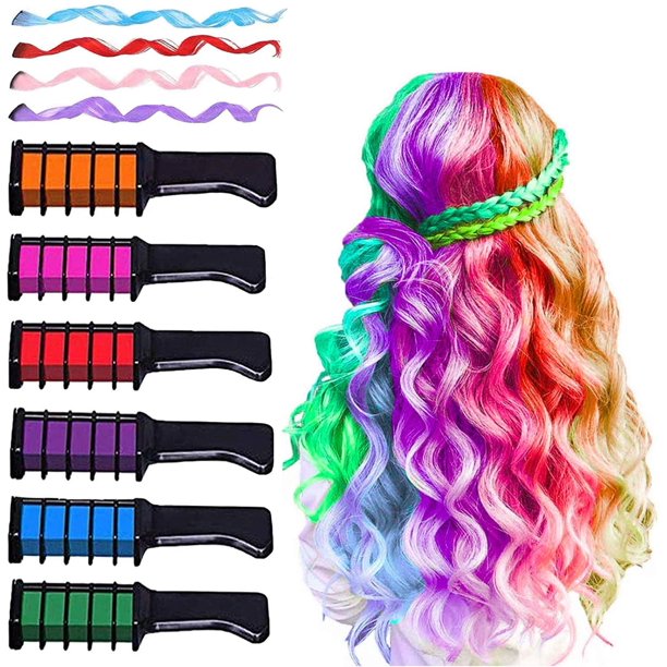 Hair Chalk for Girls-Hair Chalk Comb Temporary Washable Hair Dye for Kids-Girls Gifts 8-12 Years Old-Stocking Stuffers for Kids-Gifts for 6 7 9 10 Year Old Girls-6 Color&4 Hair Extensions Clip