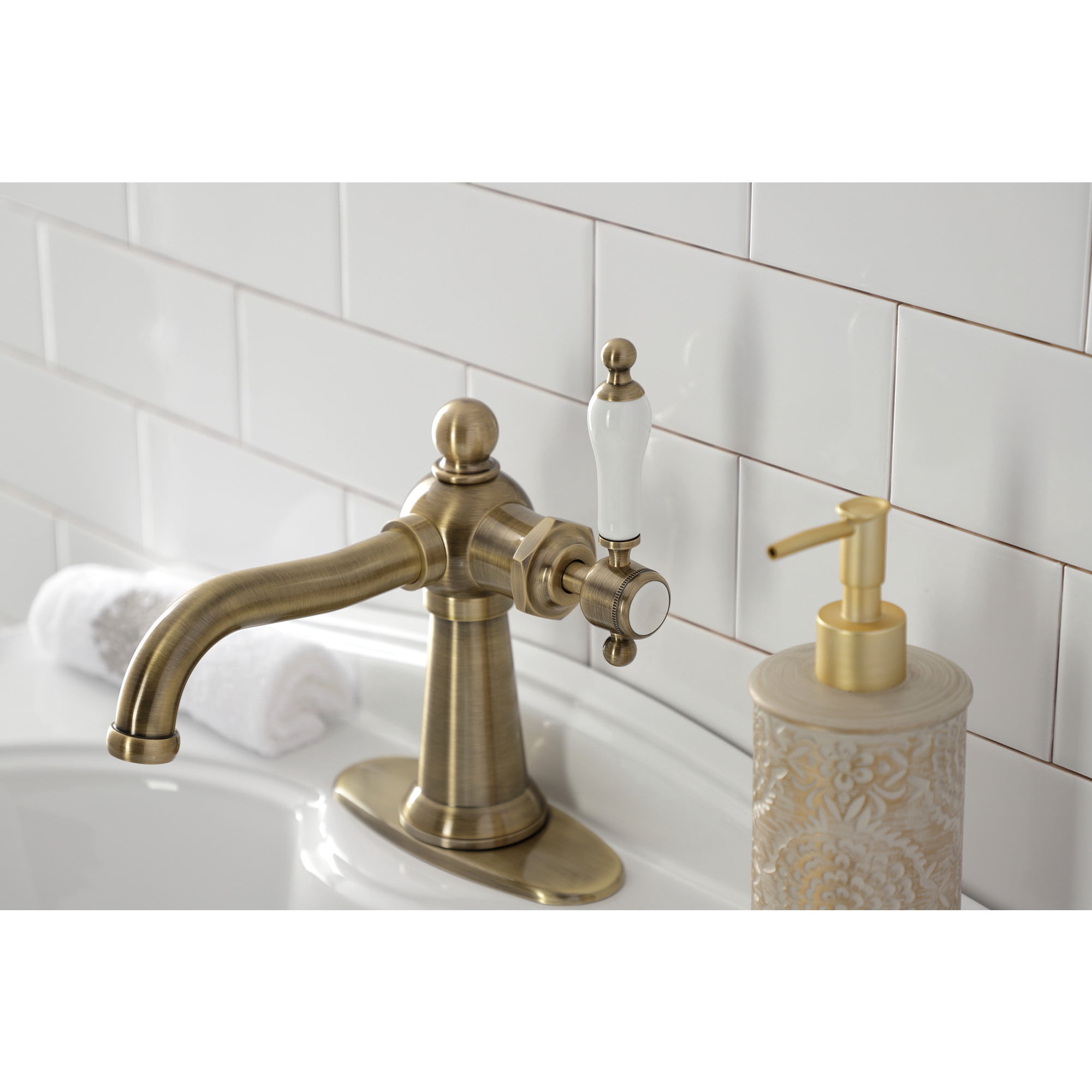 Kingston Brass KSD154KLAB Nautical One-Handle Single-Hole Bathroom Faucet with Deck Plate and Push Pop-Up Drain, Antique Brass