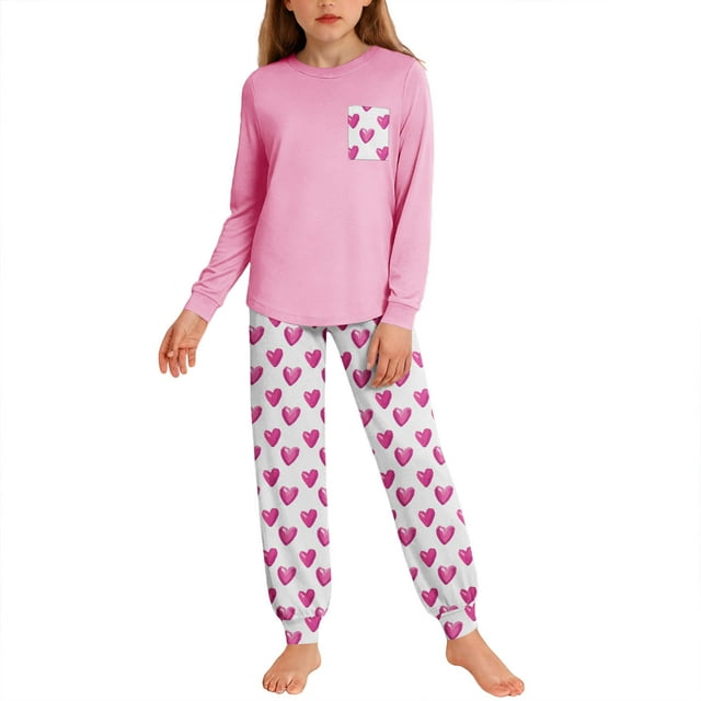 Conjuntos de blusa y camisa de manga larga con cuello redondo para niños y niñas de 5 a 14 años con estampado y bolsillo. Conjunto de top y pantalón de manga larga.