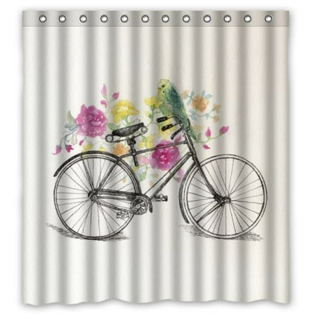 Hellodecor Vintage Floral Bicycle Bike With Bird Shower Curtain