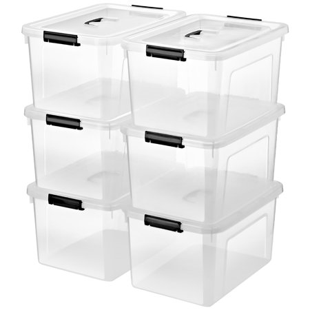 6-Pack 19 Quart Stackable Plastic Storage Bins with Lids Clear Durable Organizing Boxes for Toys Tools Clothes Secure Latches Transparent