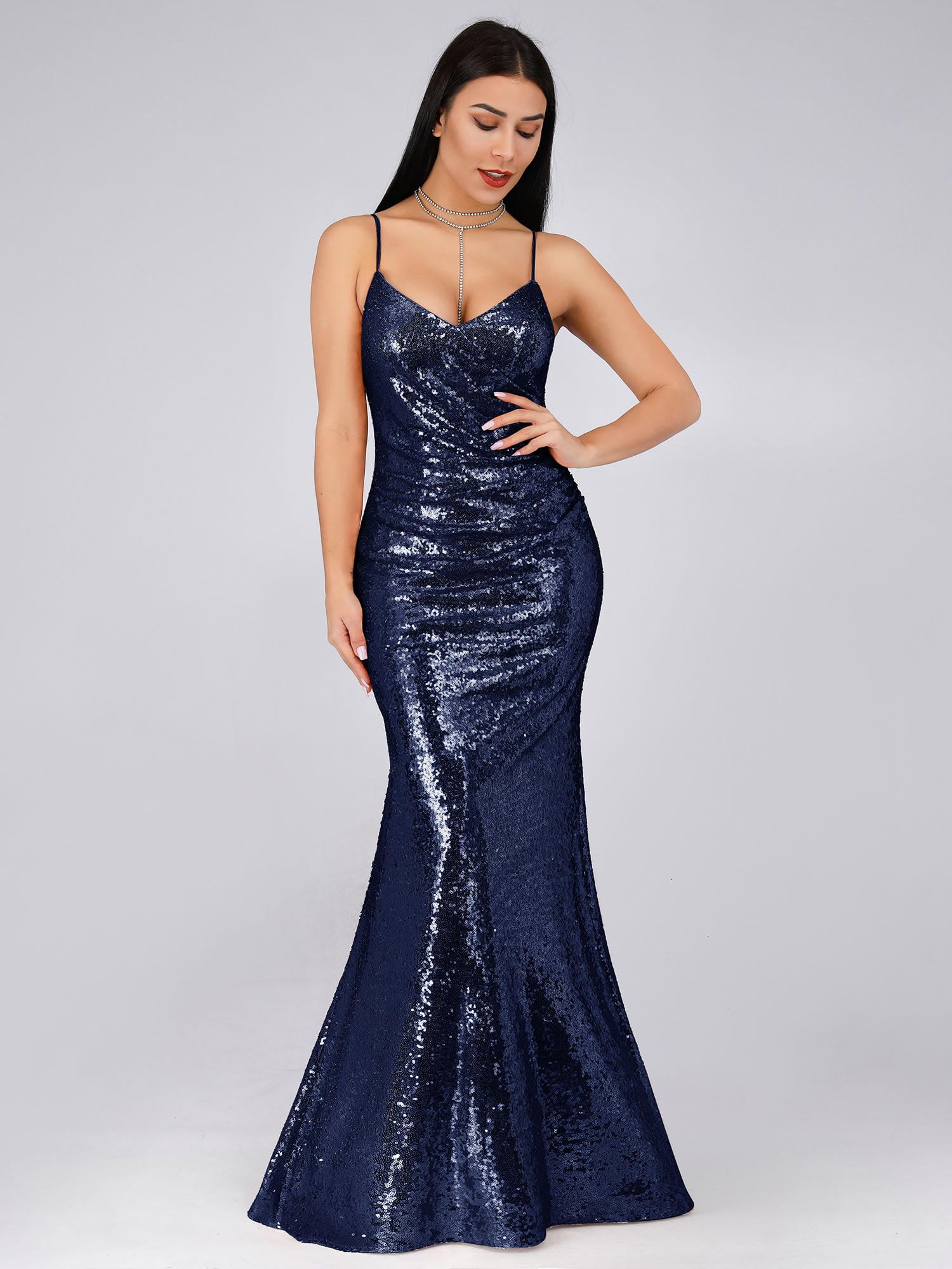 navy fishtail prom dress