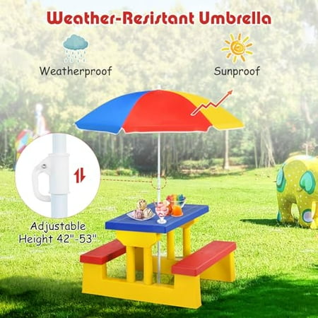 DORTALA Kids Picnic Table, Outdoor Toddler Table and Set with Removable Umbrella, Plastic Kids Activity Table Set for Backyard, Garden, Nursery, Gift for Boys Girls Age 3+, Red