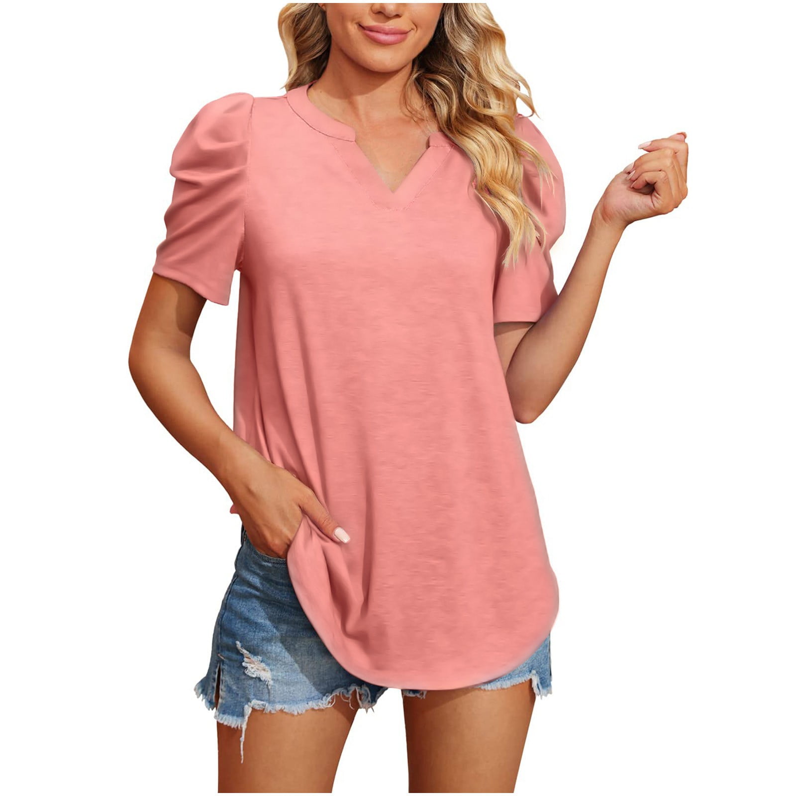 Women Short Sleeve Shirts Casual VNeck Solid Puff Sleeve Tops Summer