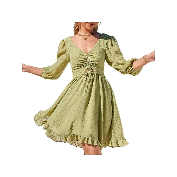 hirigin Women's Dress Jacquard Dotted 3/4 Puff Sleeve Ruffle Hem Chest Cutout Drawstring Open Back Tie A-Line Dress