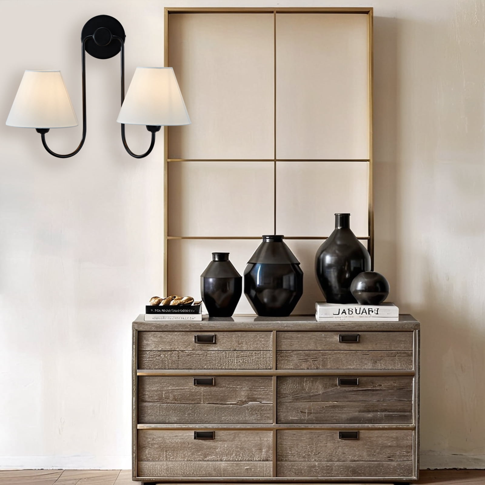 Wall Lights For Living Room , Elegant Linen Shade With Metal Frame Double Swoop Sconce