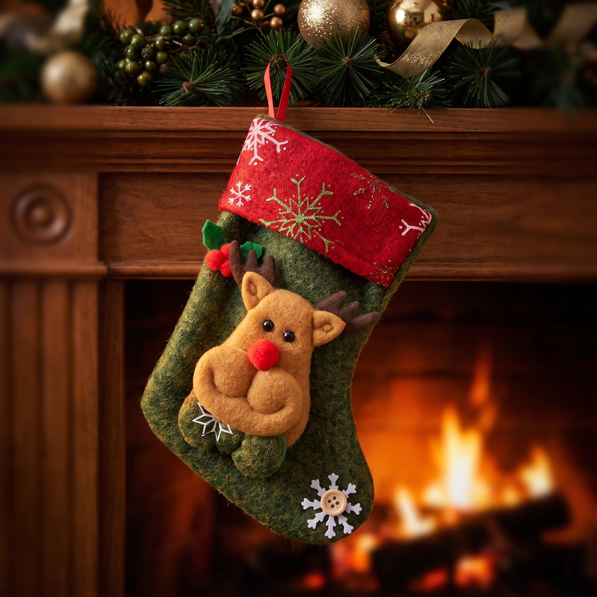 Unique Bargains Braided Knit Christmas Stocking Double Layer Hygge Sock Green Deer 6"