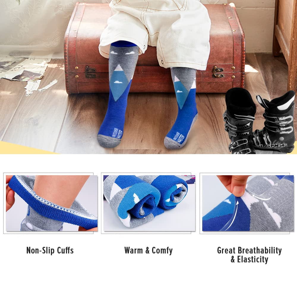 OutdoorMaster Kids Ski Socks - Merino Wool Blend, Over the Calf Design (4 Pack)