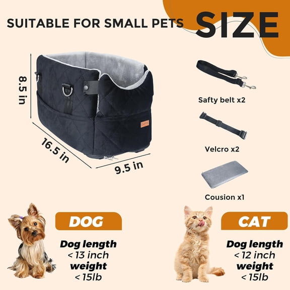 Center Console Dog Car Seat for Small Dogs Cats with Adjustable Safety Belt
