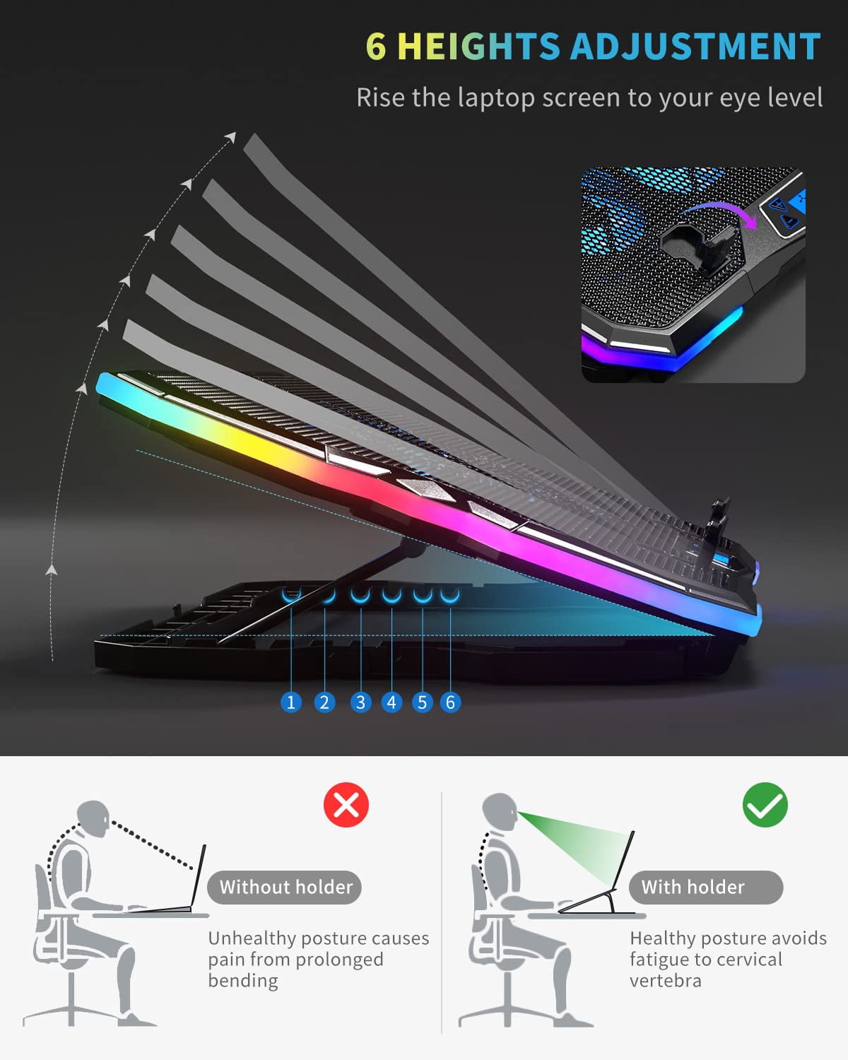 Upgrade Laptop Pad A13 Rgb Lights Cooler 6 Fans For Up To 15.6 Inch Laptops 10 Modes Light  7 Height Stands 2 Usb Ports - Blue