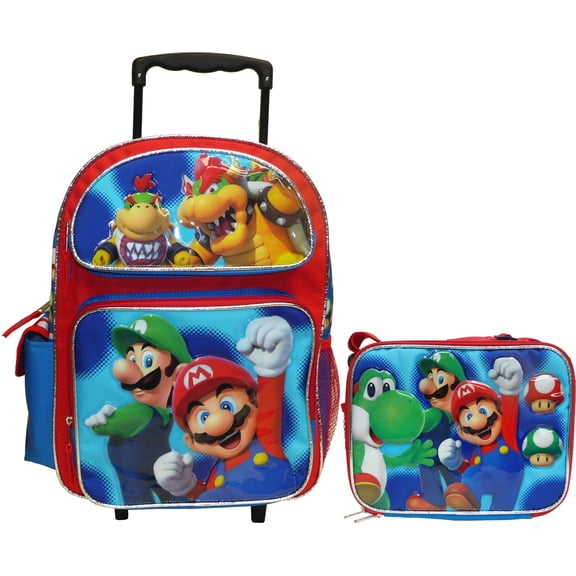 Super Mario 16" Large Rolling School Backpack with Lunch Bag