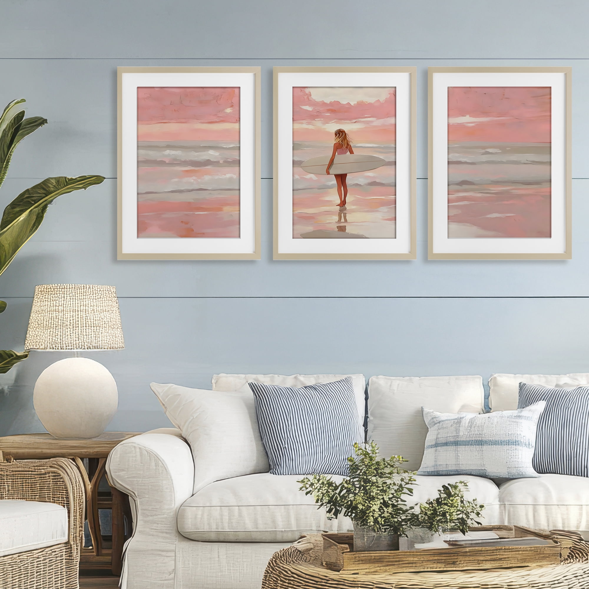 Stupell Industries Pink Sky Surfer Sunrise 3 Piece Birch Framed Print Under Glass Set, design by LSR Design Studio