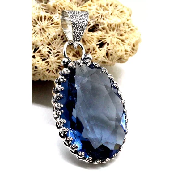 925 Sterling Silver London Blue Topaz Gemstone Handmade Jewelry Pendant Size-2"