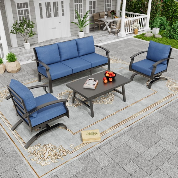 Gotland 6-Seater Patio Furniture Set with 43in Gas Fire Pit Table - Modern Outdoor Metal Sectional Sofa with 55,000 BTU Propane Fire Pit, Navy Cushions