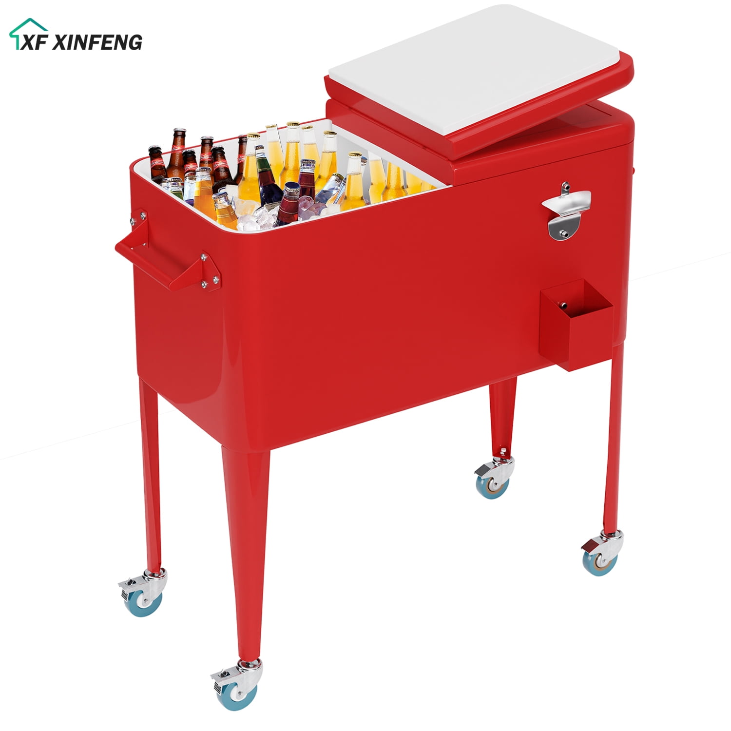 XF XINFENG 80 Quart Rolling Ice Chest on Wheels Outdoor Indoor Bottle Opener&Cap Catcher, Portable Patio Party Bar Drink Cooler Cart with Shelf, Red