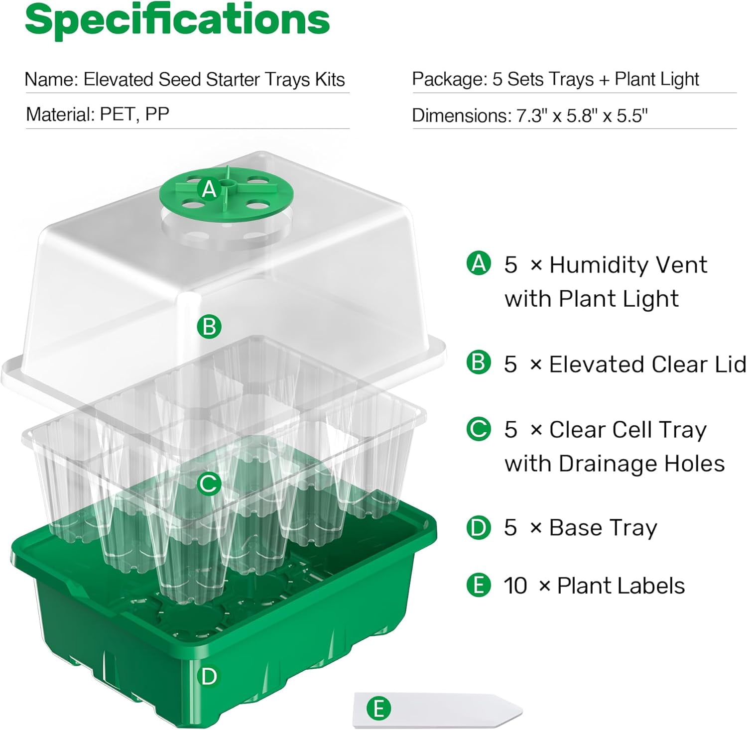 10 Packs Seed Starter Tray with Elevated Lid, 120 Cells Thicken Seed Starting Trays Kit with Adjustable Humidity Vent, Clear Cell Tray and Heightened Lids for Greenhouse & Gardens, Green