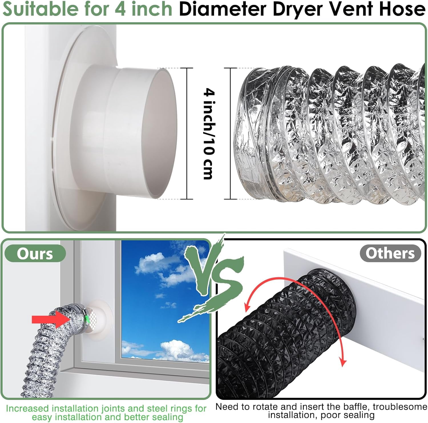 Dryer Vent Window Kit for 4" Dryer Vent Hose, Universal Window Dryer Vent Kit Window Duct Kit with Adjustable Seal Plates for Horizontal & Vertical Sliding Windows