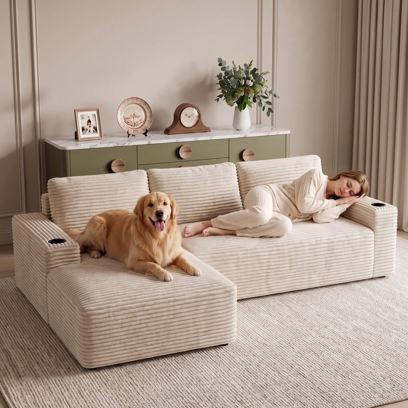 Anpport 104" Boneless Cloud Modular Sectional Couch, Corduroy Sofa with Cup Holders, Side Pockets, Deep Seat, No Assembly Required for Living Room, White (L‑Shaped, Left Facing Chaise)