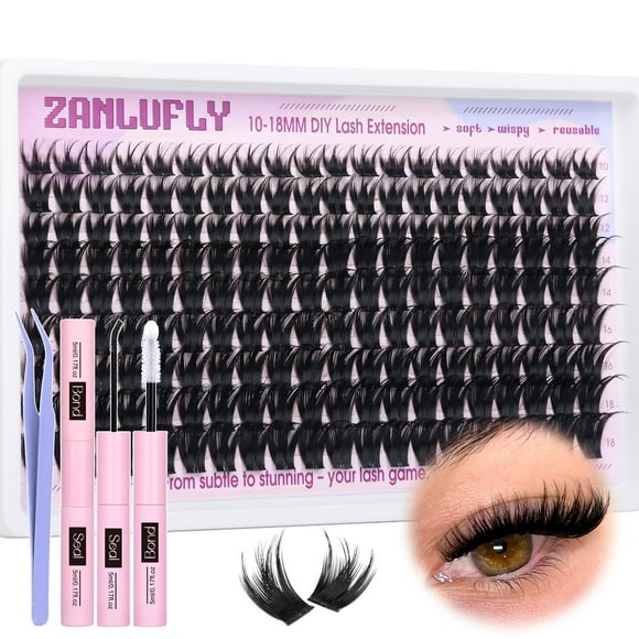 Kit de extensión de pestañas zanlufly Lash Clusters D-Curly 10-18 mm