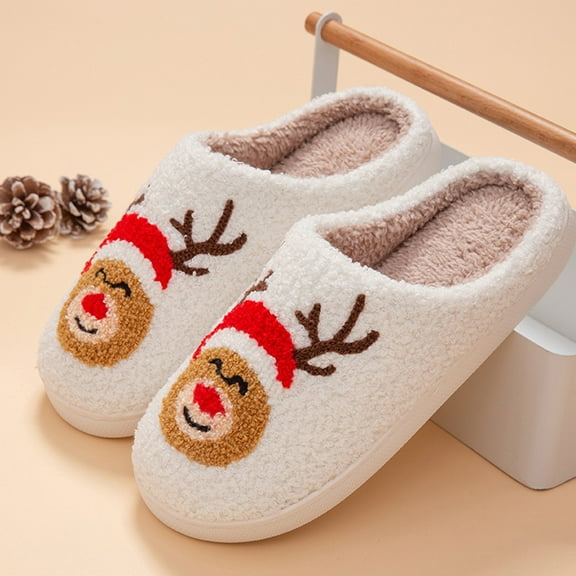 Yuhsdv Christmas Elk Plush Slippers Comfortable Warm Slip-on House Shoes Anti Slip Flat Thermal Slippers Cute Animal Slippers for Indoor Bedroom