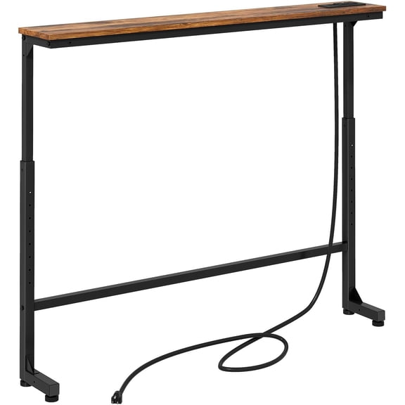 Narrow Console Table Behind Sofa Couch, Design with Adjustable Height (25"-33") & Power Outlets, Small Entryway Table - 5.9" D x39.4 L, Rustic Brown