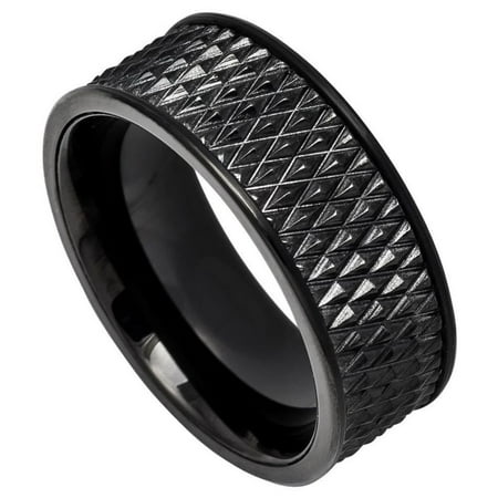 Custom Personalized Engraving Wedding Band Ring Set for Him & Her - 9mm Black IP Plated Parallelogram Design Center with Straight