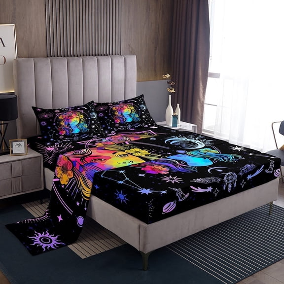 Erosebridal Boho Virgo Bed Sheets Twin , Hippie Horoscope Bedding Sets Twin Size, Constellations Astrology Bedroom Decor 3 Pieces