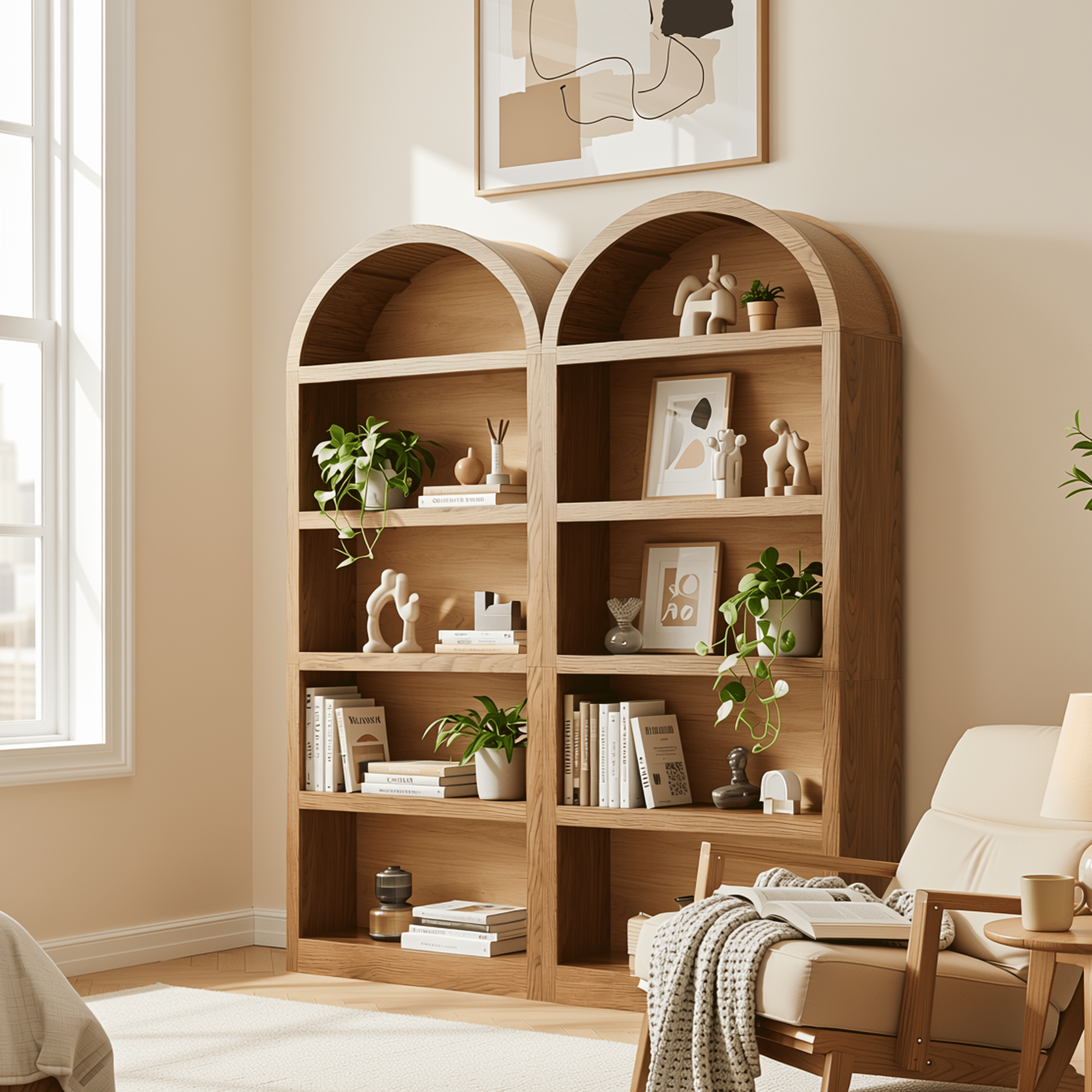 Homy Casa 69" Tall Arched Bookcase Set of 2, Wood Grain 4-Shelf Display Bookshelves, Natural