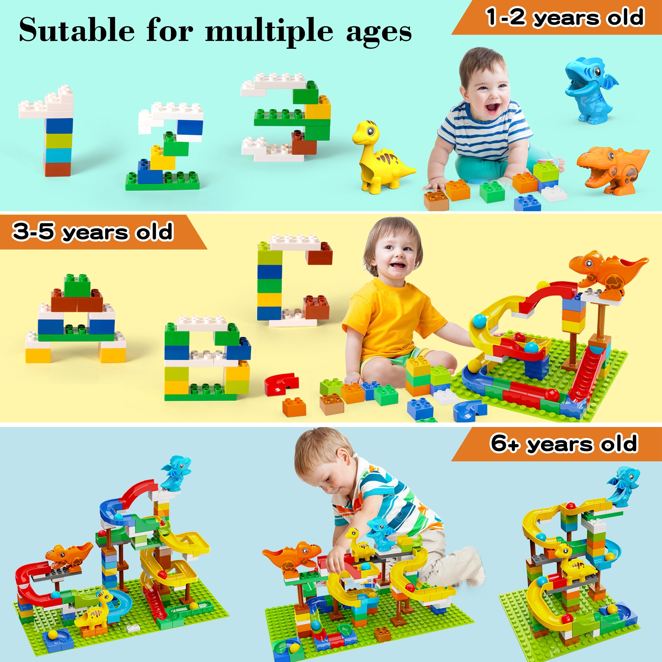 Dinosaur Marble Run Building Blocks Set, 127-Piece Large Classic Bricks with 2 Baseplates, STEM Learning Toy for Kids Ages 3-8, Compatible with All Major Brands