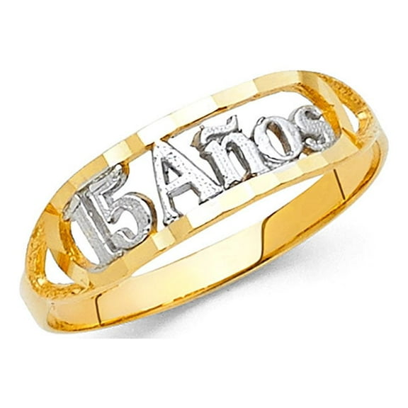 14k Yellow White Gold 15 Anos Ring Quinceanera Sweet 15 Birthday Band Fancy Two Tone 6MM, Size 7