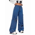thumbnail image 2 of Women'S Ribbon Tie Detail Utility Style Jeans Casual Straight Wide Leg Denim Trousers Blue M, 2 of 9