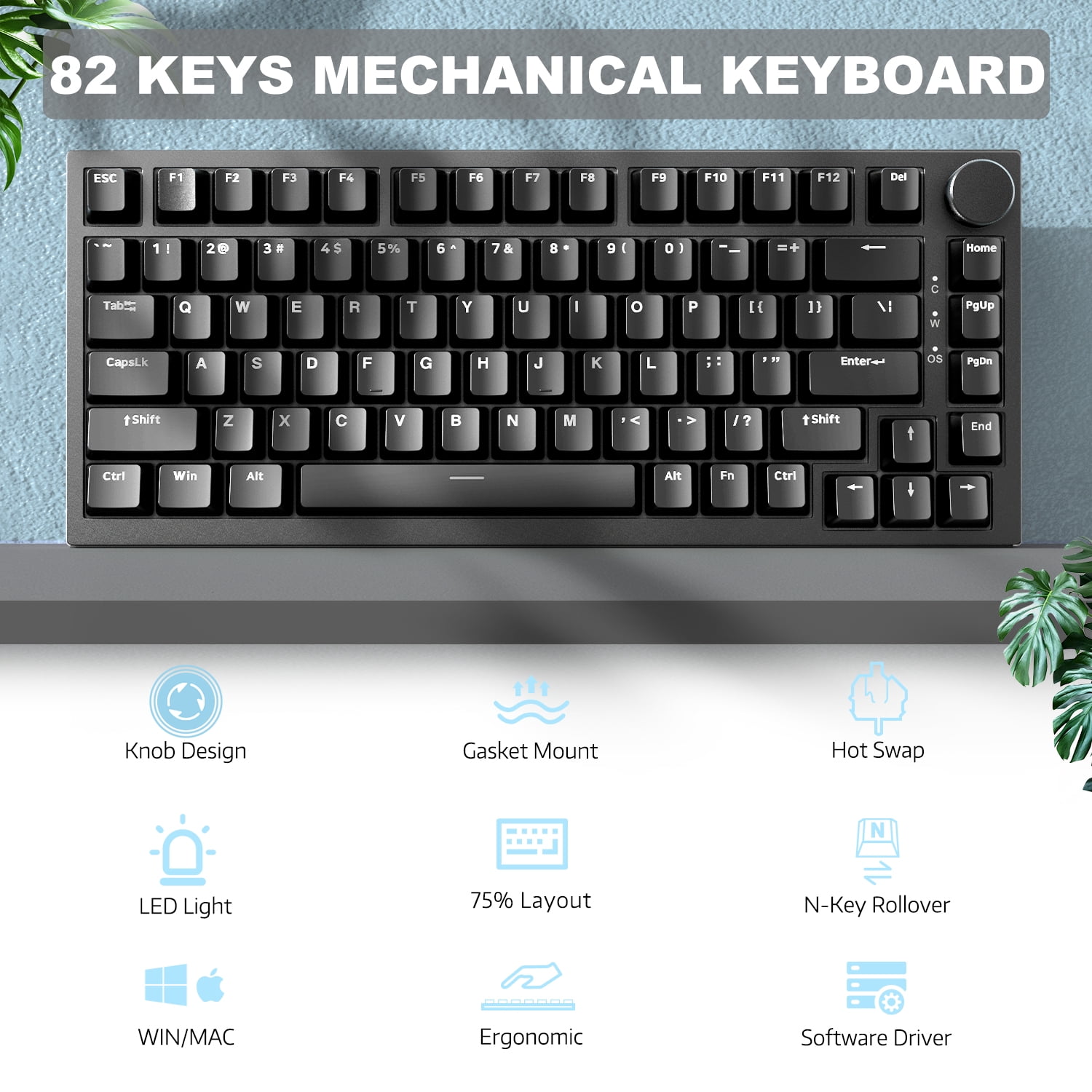 AK820 81Keys Wired Mechanical Keyboard,75% ANSI Layout Gasket Mount Gaming Keyboard,CNC Knob Control,5 Sound Absorbing Foam,Hot-swap Red Switch,White Backlit,for PC,MAC (Black)