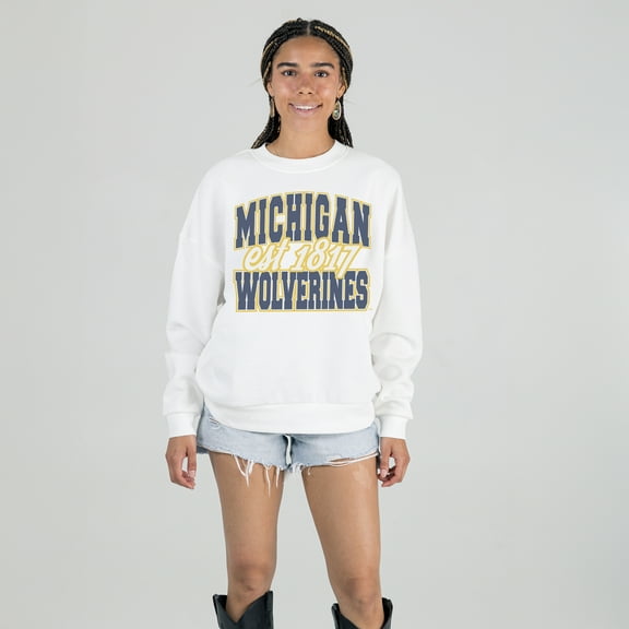 Women's Gameday Couture White Michigan Wolverines Oversized Faded Formation Premium Fleece Sweatshirt