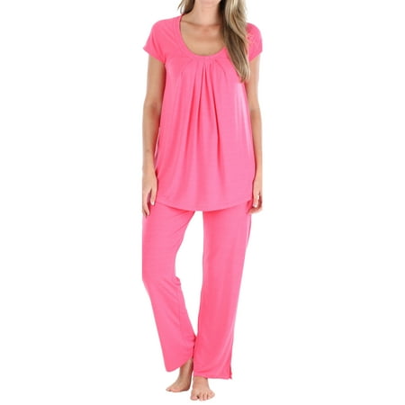 

PajamaMania Women s Stretchy Knit Short Sleeve Oversized Top and Pants Pajama Set