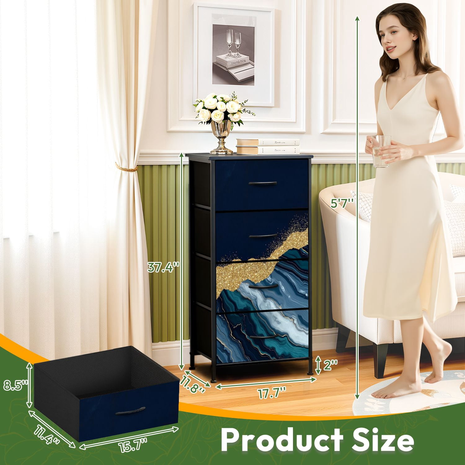 Kanworse 4 Drawer Fabric Dresser for Bedroom abstract blue agate golden veins white Chests of Drawers for Closet Organizers Storage