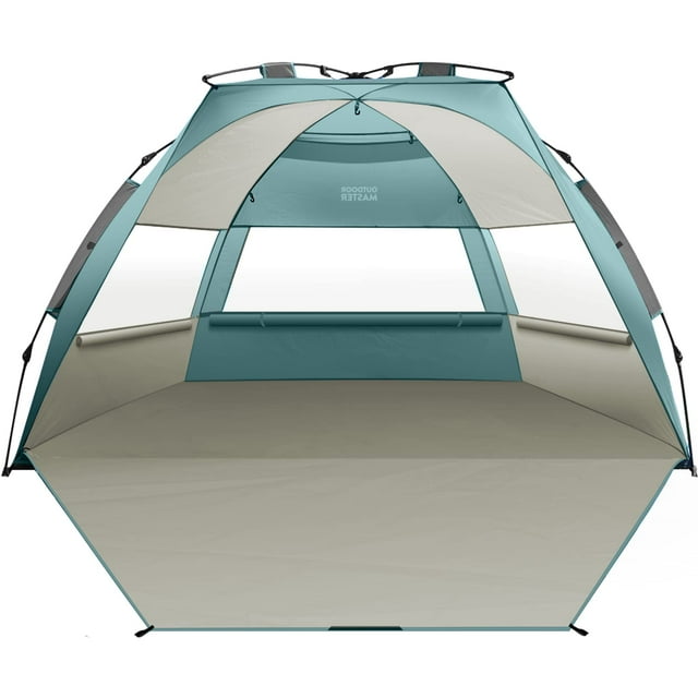 OutdoorMaster Tienda de campaña de playa emergente para 4 personas, fácil instalación y toldo portátil para refugio solar con protección UV UPF 50+, tragaluz extraíble, tamaño familiar, costa de Cancú