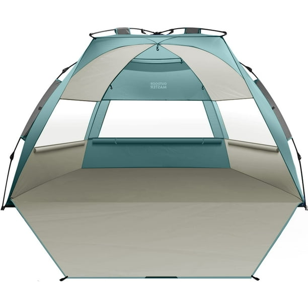 OutdoorMaster Tienda de campaña de playa emergente para 4 personas, fácil instalación y toldo portátil para refugio solar con protección UV UPF 50+, tragaluz extraíble, tamaño familiar, costa de Cancú