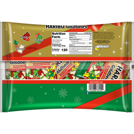 HARIBO HOLIDAY EDITION RED, WHITE, AND GREEN GOLDBEARS GUMMY CANDY MINI POUCHES, 9.5OZ BAG, 23CT