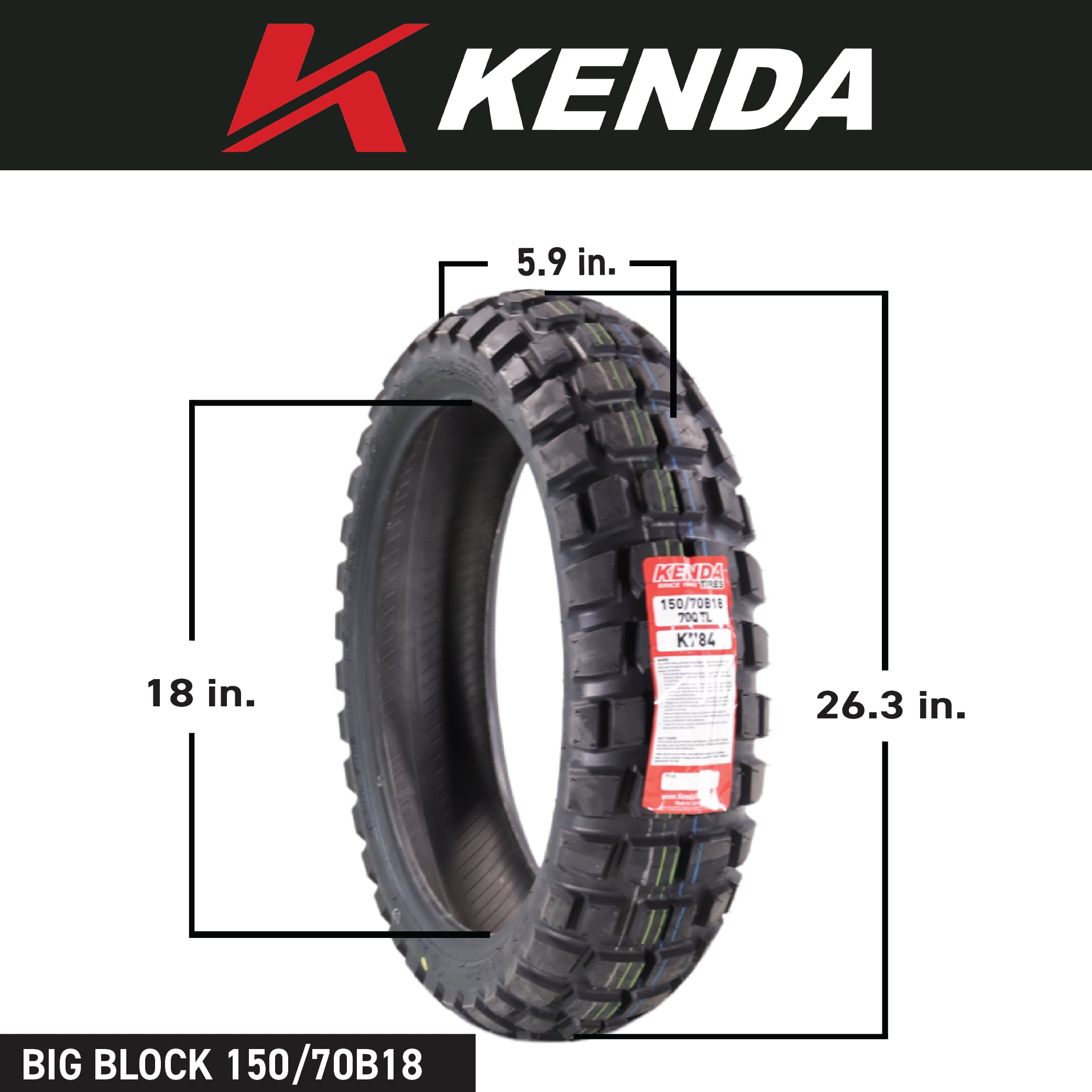 Kenda Big Block 150/70B18 K784 Tubeless (TL) Rear Tire for Motorcycles; Dirt Bikes; City Bikes with Keychain