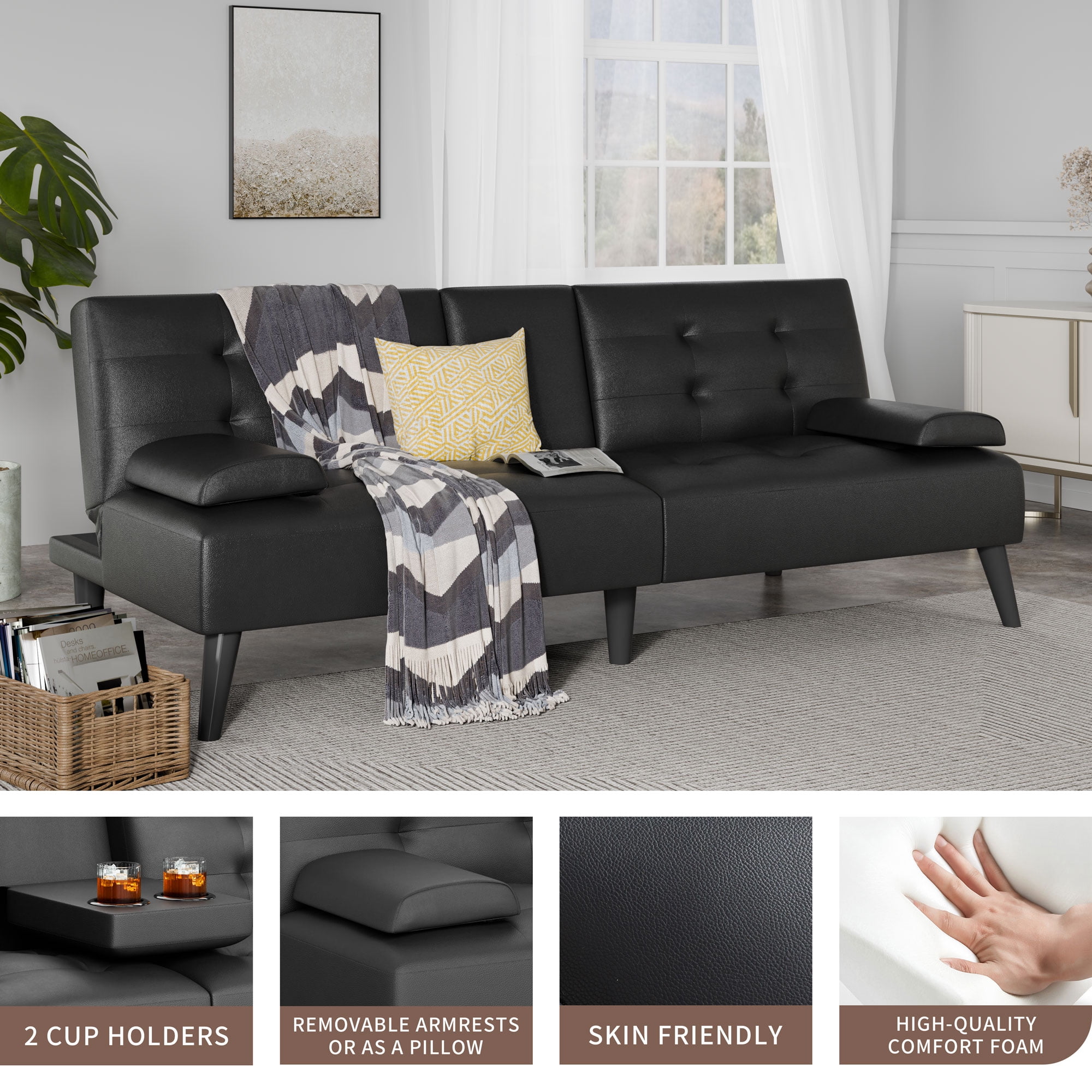 Walsunny Leather Convertible Futon Sofa Bed with 3-Angle Adjustable Split Back, Loveseat Sleeper Sofa Couch for Small Spaces & Guest Rooms, Black