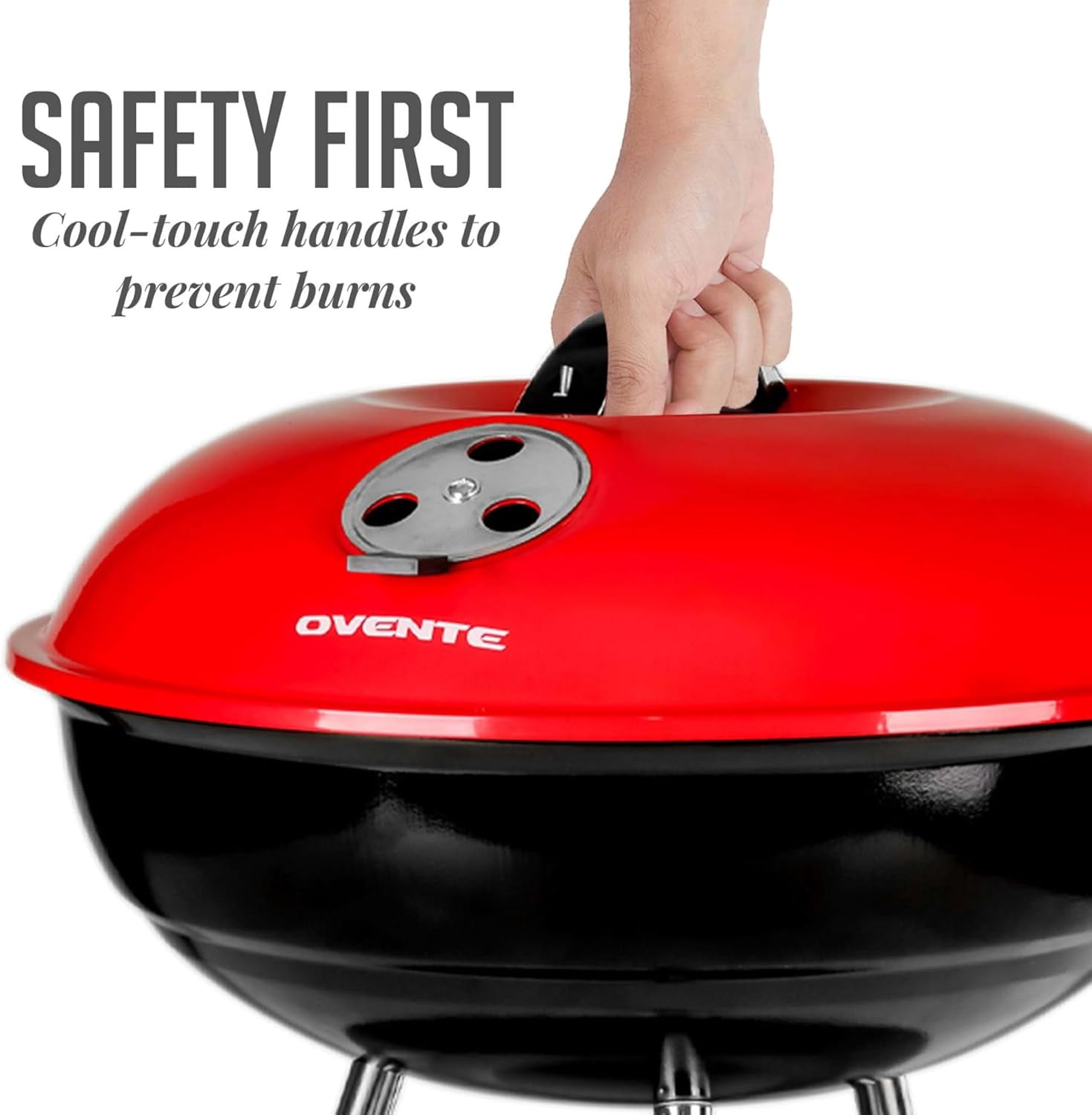 OVENTE 14-Inch Portable Charcoal Grill with Dual Venting System for Outdoor Cooking, Lightweight and Easy to Use Small Barbecue Griller for Backyard, Patio, Camping, Picnic and Parties, Red GQR0400BR