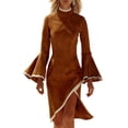 thumbnail image 2 of Gamivast Formal Dress for Women Long Bell Sleeve Midi Dress Slim Fit Cocktail Dress Mock Neck High Slit Contrast Trim Elegant Evening Party Wear, 2 of 4