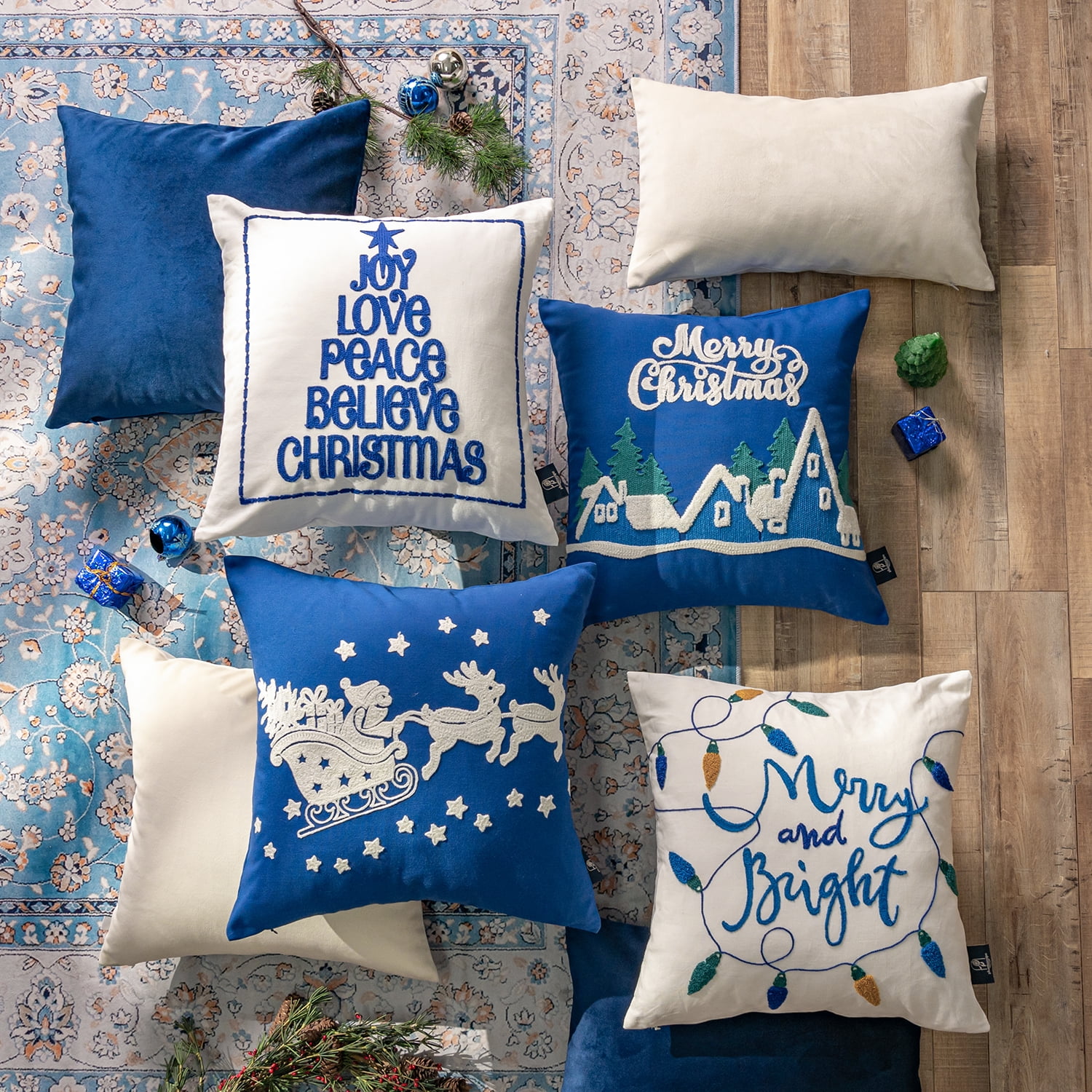 Christmas Embroidered Decorative Series Throw Pillow Covers, Navy, 18" x 18", Set of 4