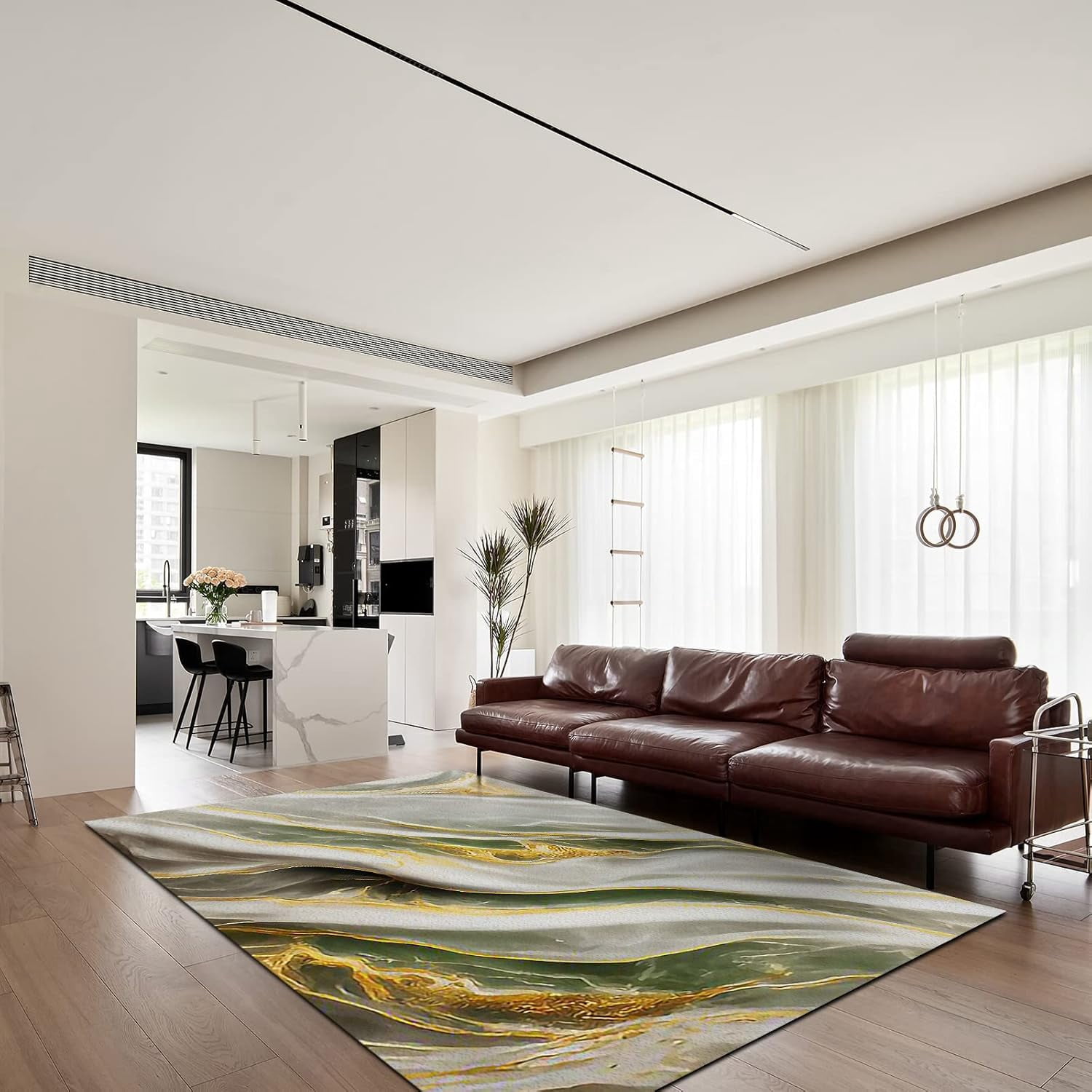 Nordic Style Area Rugs, Green White Marble Gold Stripes Texture Floor Carpet, Modern Soft Washable Non-Slip Indoor Outdoor Rug 4ft x 6ft