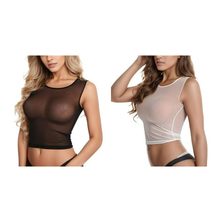 2-Pack Sleeveless Casual Tops See Through Women s Mesh Crop Sheer Shirt Short T Lingerie Sleepwear plus Lingerie for Women plus Size Bridal Lingerie for Women Lingerie with Push up Bra
