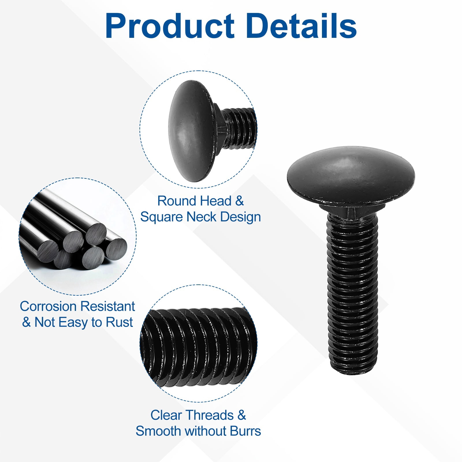 Uxcell 10Pack M10 x 40mm Stainless Steel Carriage Bolts Round Head Square Neck, Black
