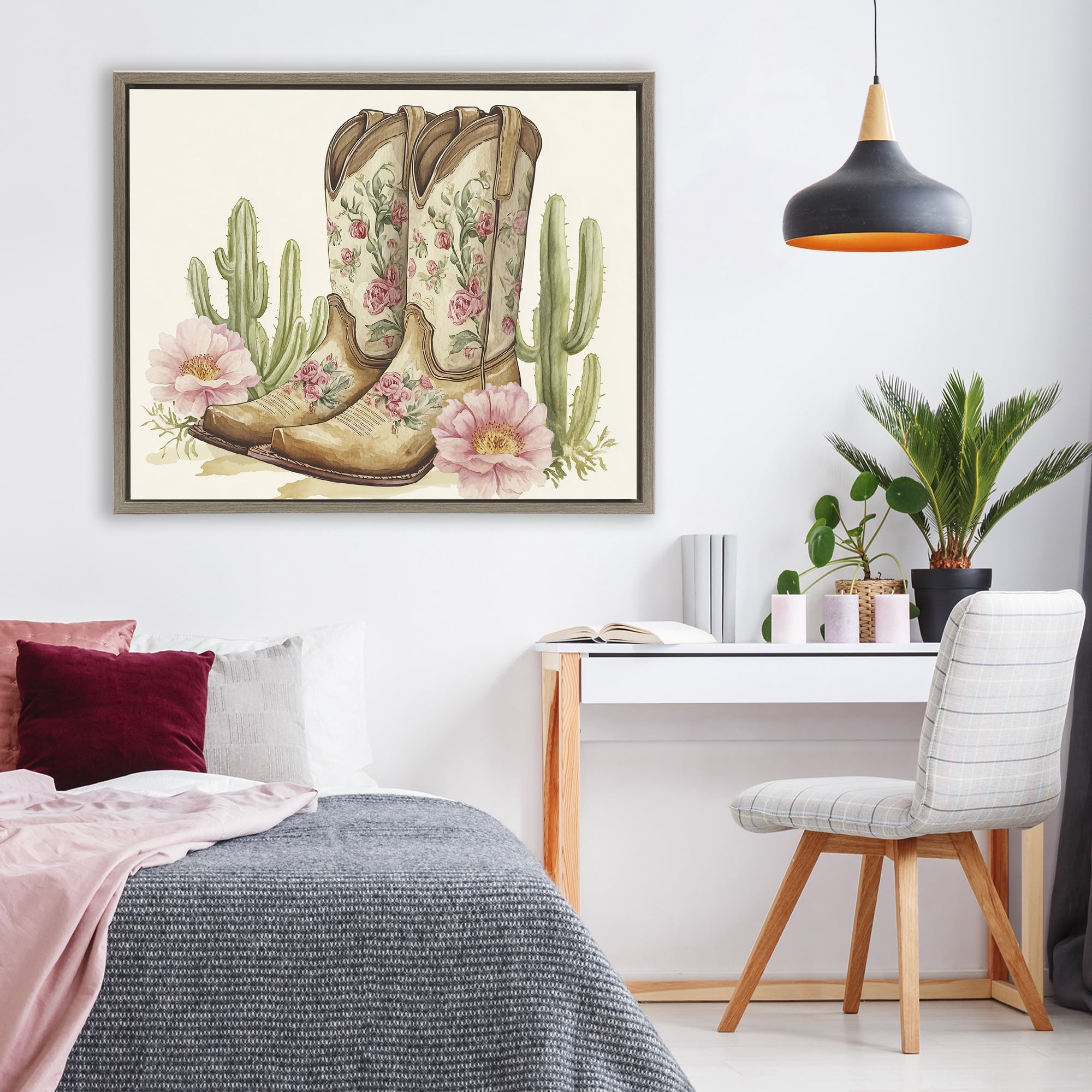 Stupell Industries Floral Boots & Cactuses Brown Framed Floater Canvas Wall Art, design by Heidi Kuntz